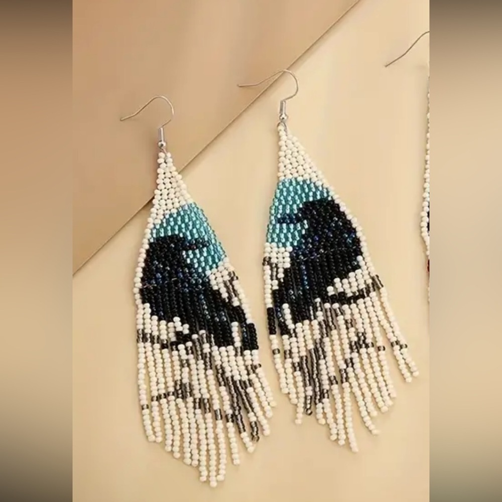 Beaded boho crow dangle earrings